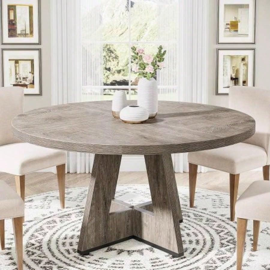 47 Round Farmhouse Dining Table - Rustic Wood Kitchen Table 4, Base Wooden Dinner Table Dining Room, Breakfast Nook, or Living Area