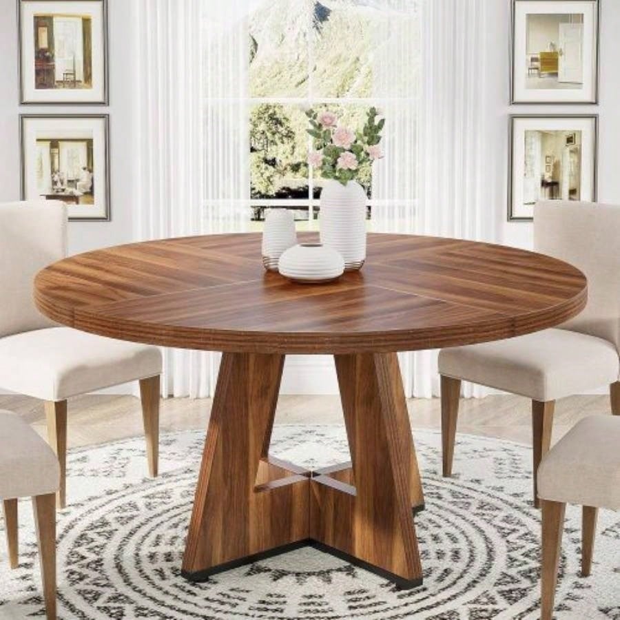 47 Round Farmhouse Dining Table - Rustic Wood Kitchen Table 4, Base Wooden Dinner Table Dining Room, Breakfast Nook, or Living Area