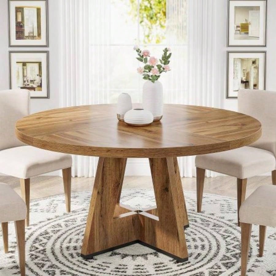 47 Round Farmhouse Dining Table - Rustic Wood Kitchen Table 4, Base Wooden Dinner Table Dining Room, Breakfast Nook, or Living Area