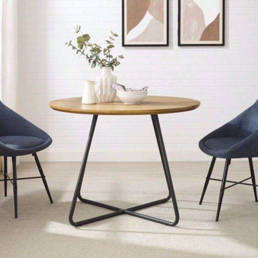 Modern Metal and Wood Curved X - Base Round Dining Table - English Ash