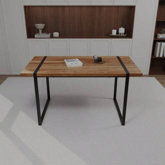 59 dining table modern industrial rectangular MDF natural wood, 4 - 6 people, 1.5 thick engineering wood tabletop and black rectangular metal, used home kitchen