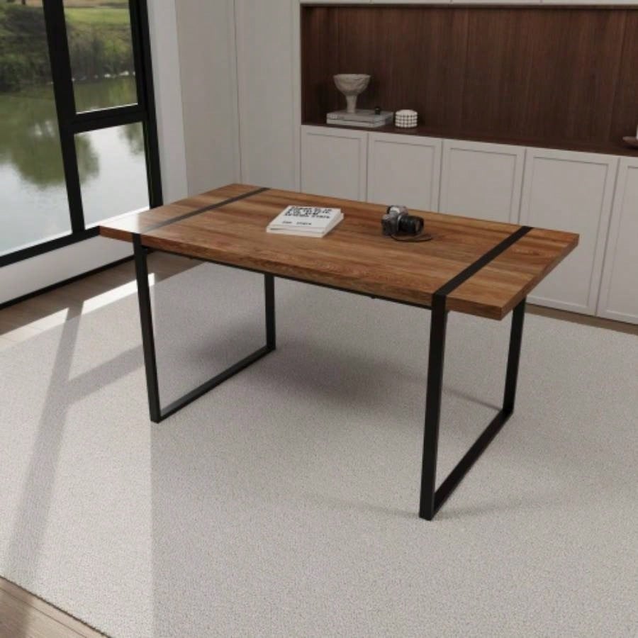 59 dining table modern industrial rectangular MDF natural wood, 4 - 6 people, 1.5 thick engineering wood tabletop and black rectangular metal, used home kitchen