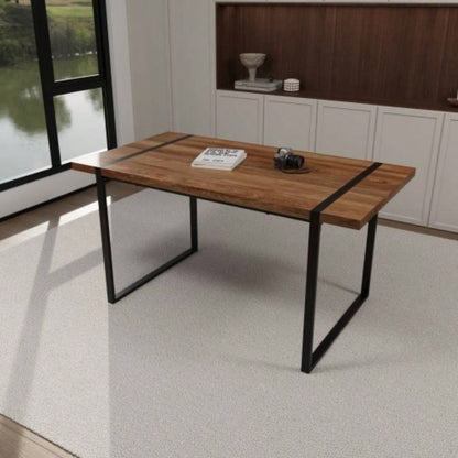 59 dining table modern industrial rectangular MDF natural wood, 4 - 6 people, 1.5 thick engineering wood tabletop and black rectangular metal, used home kitchen