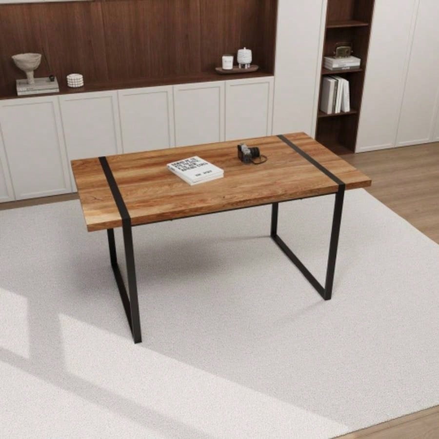 59 dining table modern industrial rectangular MDF natural wood, 4 - 6 people, 1.5 thick engineering wood tabletop and black rectangular metal, used home kitchen
