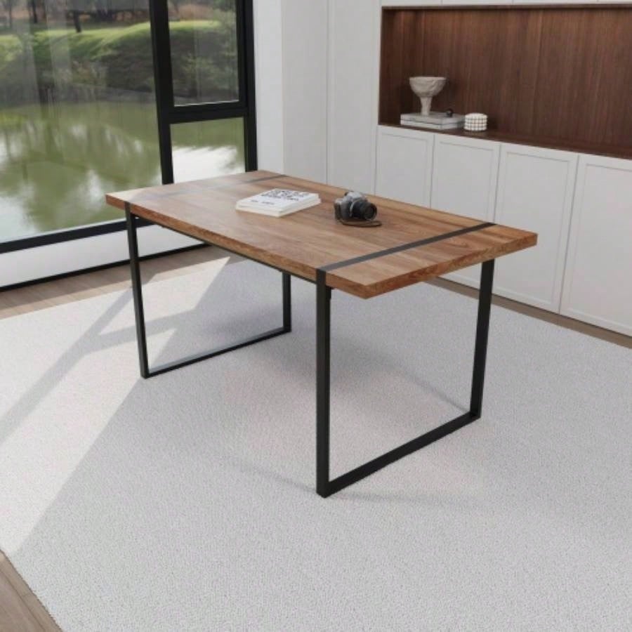 59 dining table modern industrial rectangular MDF natural wood, 4 - 6 people, 1.5 thick engineering wood tabletop and black rectangular metal, used home kitchen