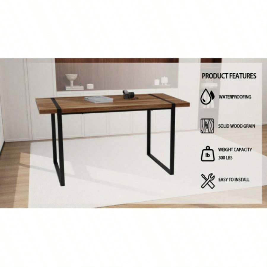 59 dining table modern industrial rectangular MDF natural wood, 4 - 6 people, 1.5 thick engineering wood tabletop and black rectangular metal, used home kitchen