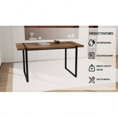 59 dining table modern industrial rectangular MDF natural wood, 4 - 6 people, 1.5 thick engineering wood tabletop and black rectangular metal, used home kitchen