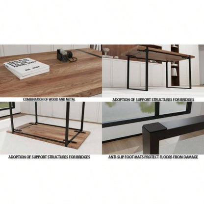 59 dining table modern industrial rectangular MDF natural wood, 4 - 6 people, 1.5 thick engineering wood tabletop and black rectangular metal, used home kitchen