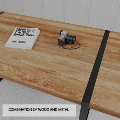 59 dining table modern industrial rectangular MDF natural wood, 4 - 6 people, 1.5 thick engineering wood tabletop and black rectangular metal, used home kitchen