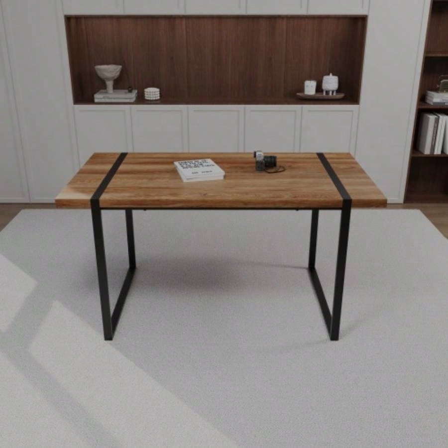 59 dining table modern industrial rectangular MDF natural wood, 4 - 6 people, 1.5 thick engineering wood tabletop and black rectangular metal, used home kitchen