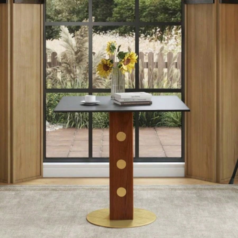 Modern Square Dining Table, 33.5 Sintered Stone Table with Wooden Leg Gold Base, 2 - Person Kitchen Table Small Space, 150lbs Weight Capacity
