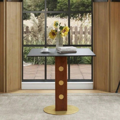 Modern Square Dining Table, 33.5 Sintered Stone Table with Wooden Leg Gold Base, 2 - Person Kitchen Table Small Space, 150lbs Weight Capacity