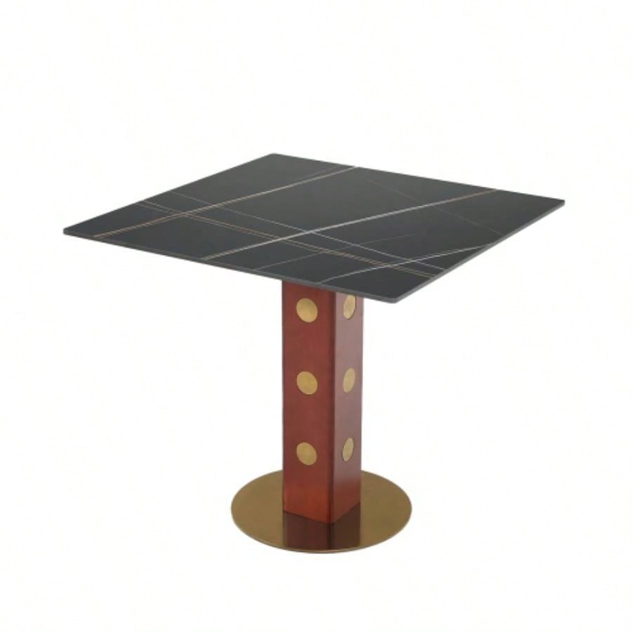 Modern Square Dining Table, 33.5 Sintered Stone Table with Wooden Leg Gold Base, 2 - Person Kitchen Table Small Space, 150lbs Weight Capacity