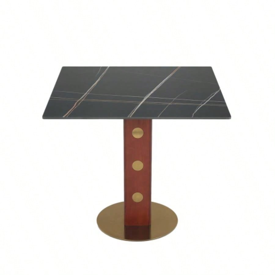 Modern Square Dining Table, 33.5 Sintered Stone Table with Wooden Leg Gold Base, 2 - Person Kitchen Table Small Space, 150lbs Weight Capacity
