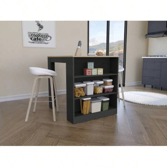 Tanna Kitchen Counter Dining Table, Two, Three Side Shelves - Black/ Pine