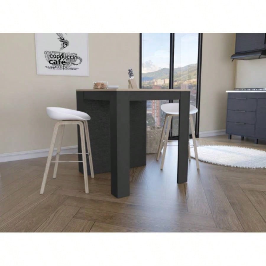 Tanna Kitchen Counter Dining Table, Two, Three Side Shelves - Black/ Pine