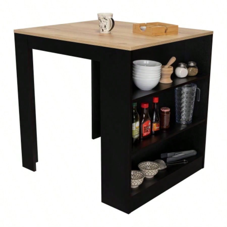 Tanna Kitchen Counter Dining Table, Two, Three Side Shelves - Black/ Pine