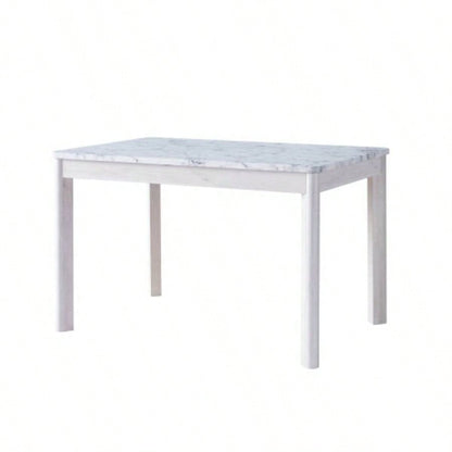 Faux marble white dining table top Four rounded leg posts Rounded table corners White Oak leg color