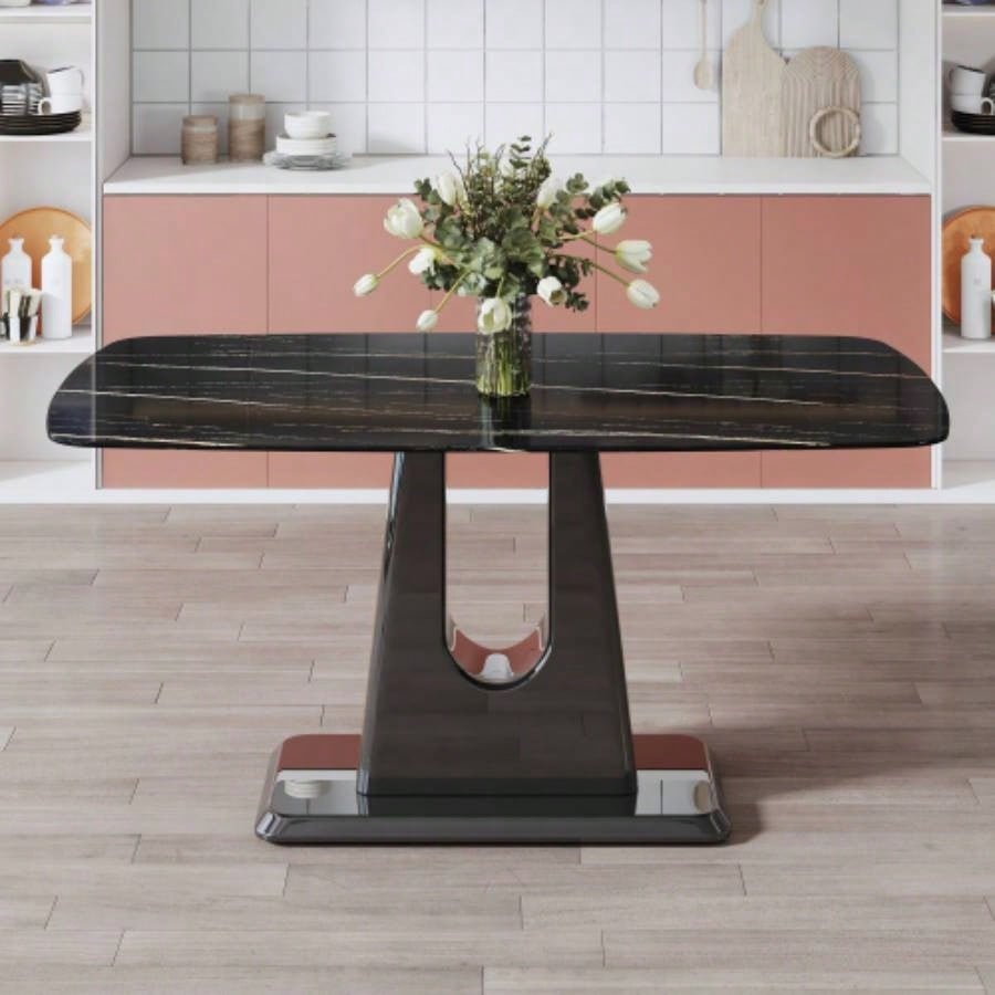 A modern, minimalist, and luxurious table. A black imitation marble tabletop with MDF U - shaped. Dining table, computer table. restaurants and living rooms 63 * 35.4 30 F - U