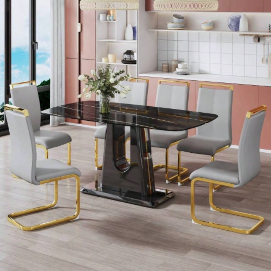 A modern, minimalist, and luxurious table. A black imitation marble tabletop with MDF U - shaped. Dining table, computer table. restaurants and living rooms 63 * 35.4 30 F - U