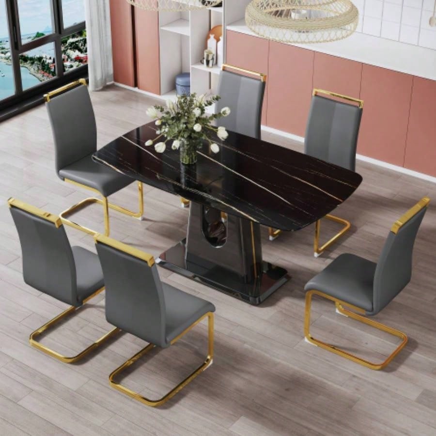 A modern, minimalist, and luxurious table. A black imitation marble tabletop with MDF U - shaped. Dining table, computer table. restaurants and living rooms 63 * 35.4 30 F - U