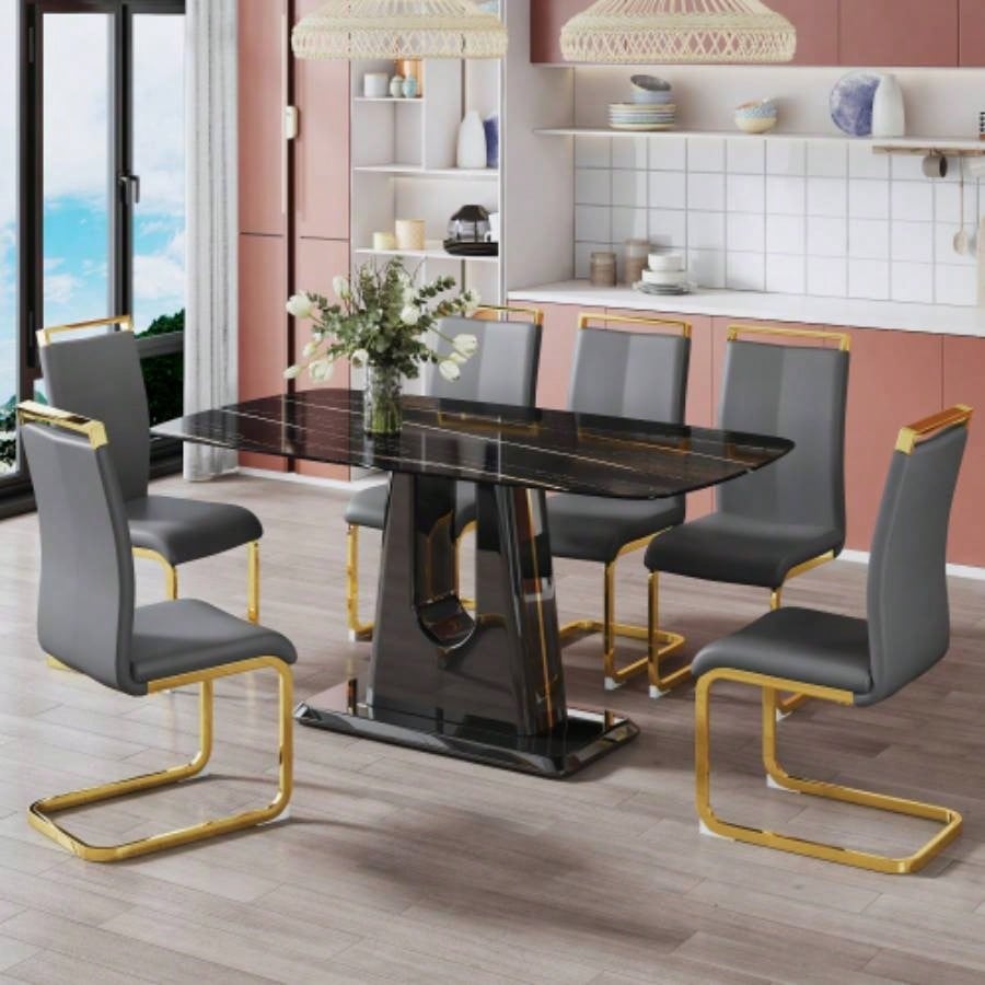 A modern, minimalist, and luxurious table. A black imitation marble tabletop with MDF U - shaped. Dining table, computer table. restaurants and living rooms 63 * 35.4 30 F - U