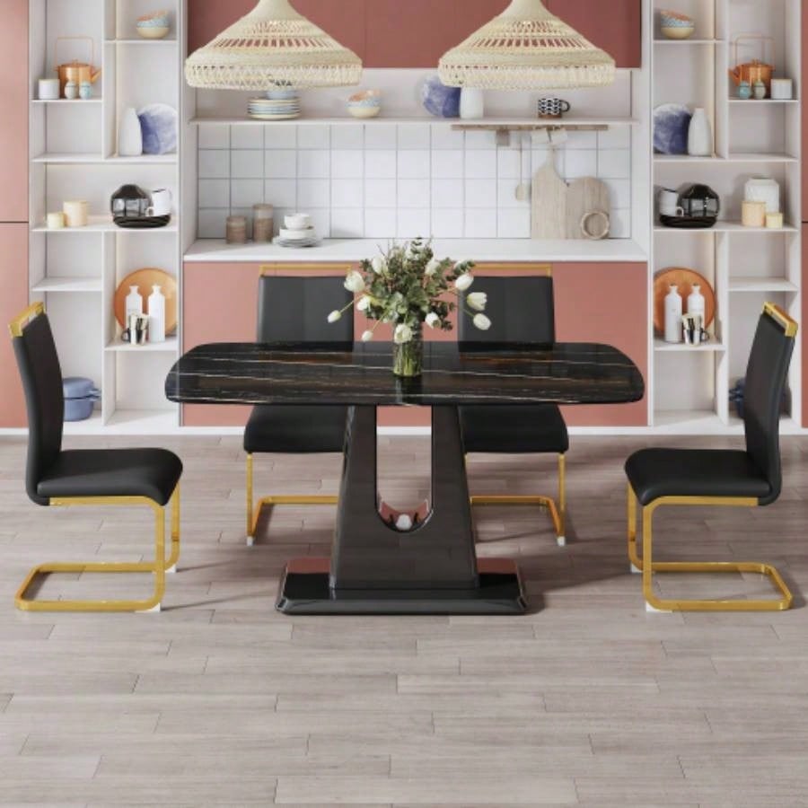 A modern, minimalist, and luxurious table. A black imitation marble tabletop with MDF U - shaped. Dining table, computer table. restaurants and living rooms 63 * 35.4 30 F - U