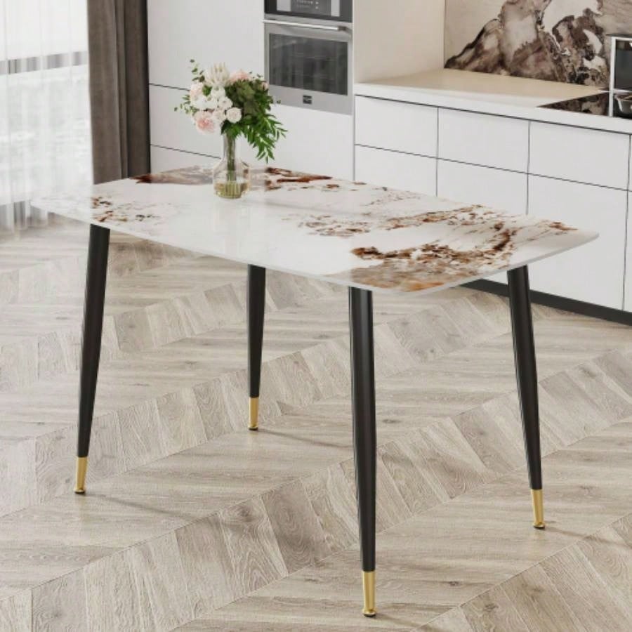 Modern minimalist dining table. A patterned SINTERED STONE tabletop with black metal. Suitable kitchen and living room 503030 F - 001