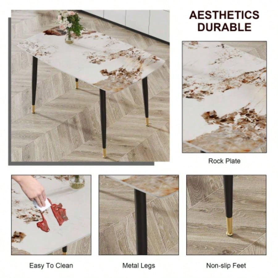 Modern minimalist dining table. A patterned SINTERED STONE tabletop with black metal. Suitable kitchen and living room 503030 F - 001