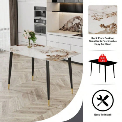 Modern minimalist dining table. A patterned SINTERED STONE tabletop with black metal. Suitable kitchen and living room 503030 F - 001