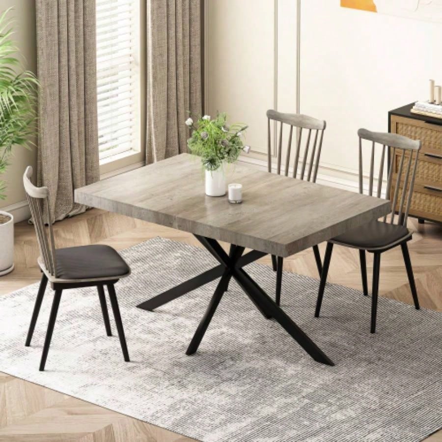 55.11 - 70.86Retro Rectangular Stretch Dining Table, Carole Top With Black Embossed Center Plate, Black Fine Sand Iron Foot Base Dining Table, With Storage Box.
