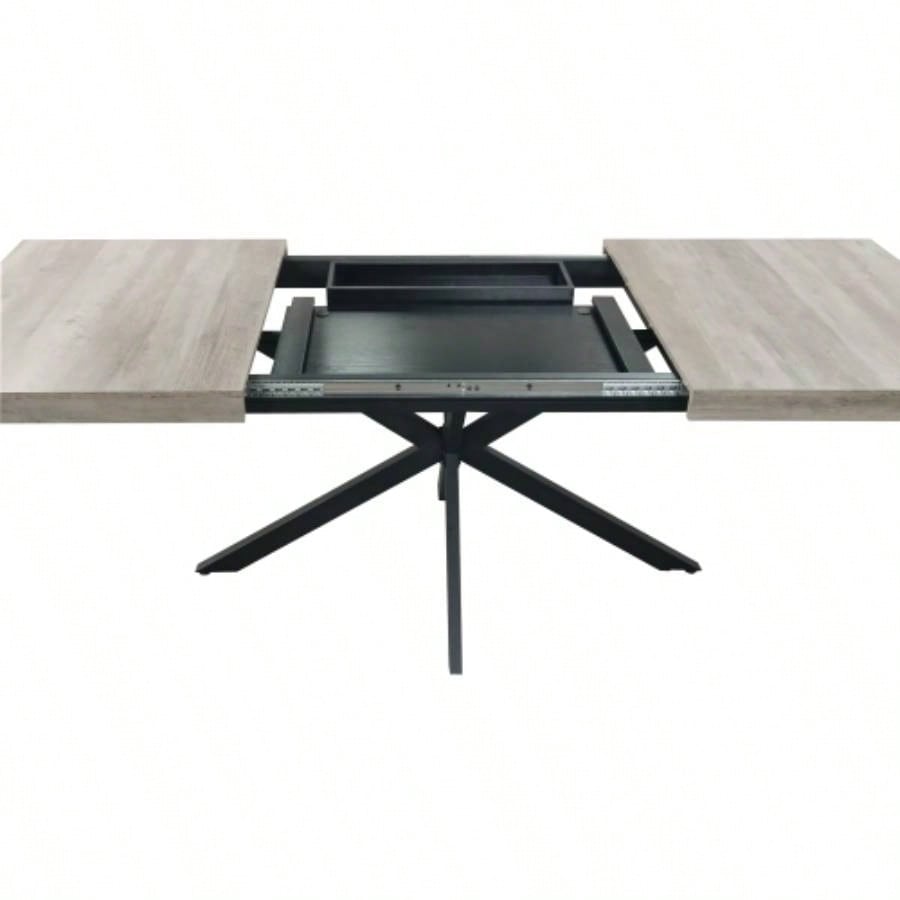 55.11 - 70.86Retro Rectangular Stretch Dining Table, Carole Top With Black Embossed Center Plate, Black Fine Sand Iron Foot Base Dining Table, With Storage Box.