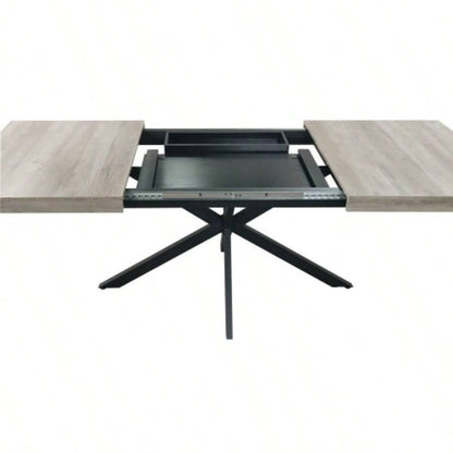 55.11 - 70.86Retro Rectangular Stretch Dining Table, Carole Top With Black Embossed Center Plate, Black Fine Sand Iron Foot Base Dining Table, With Storage Box.