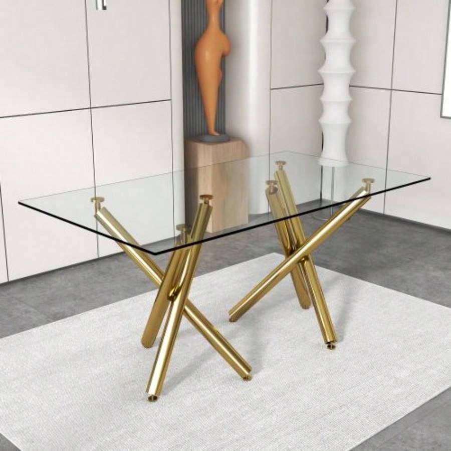 Large Modern Minimalist Rectangular Glass Dining Table 6 - 8 with 0.39Tempered Glass Tabletop and Golden Metal, Kitchen Dining Living Meeting Room Banquet hall, 71x 35.4x 30W1151S00798