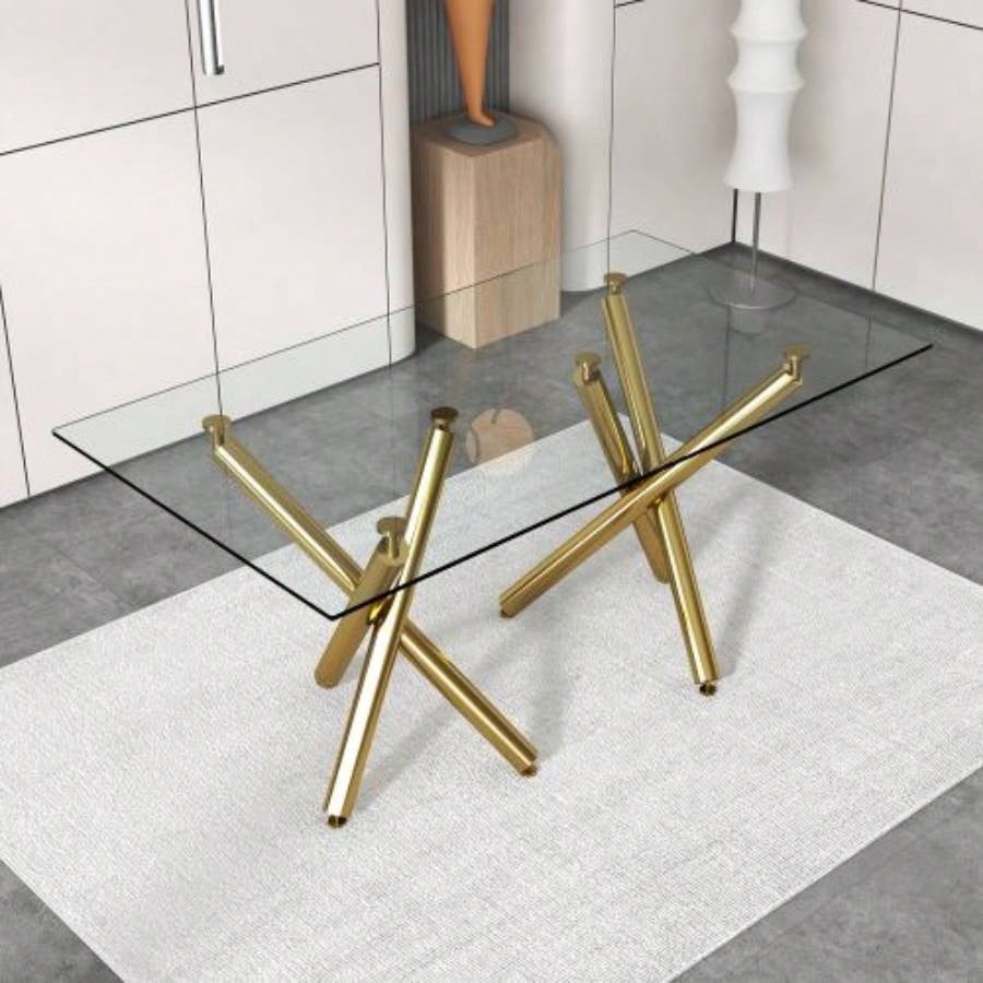 Large Modern Minimalist Rectangular Glass Dining Table 6 - 8 with 0.39Tempered Glass Tabletop and Golden Metal, Kitchen Dining Living Meeting Room Banquet hall, 71x 35.4x 30W1151S00798