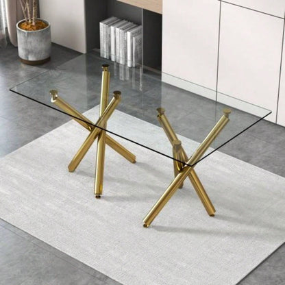 Large Modern Minimalist Rectangular Glass Dining Table 6 - 8 with 0.39Tempered Glass Tabletop and Golden Metal, Kitchen Dining Living Meeting Room Banquet hall, 71x 35.4x 30W1151S00798