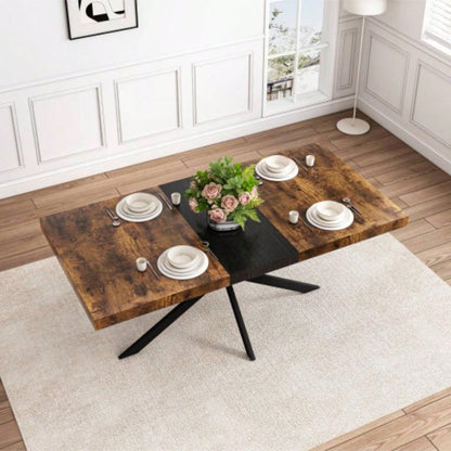 55.11 - 70.86Retro Rectangular Stretch Dining Table, Carole Top With Black Embossed Center Plate, Black Fine Sand Iron Foot Base Dining Table, With Storage Box.