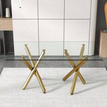 Large Modern Minimalist Rectangular Glass Dining Table 6 - 8 with 0.39Tempered Glass Tabletop and Golden Metal, Kitchen Dining Living Meeting Room Banquet hall, 71x 35.4x 30W1151S00798