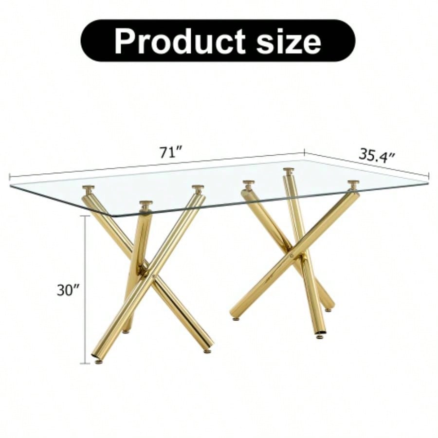 Large Modern Minimalist Rectangular Glass Dining Table 6 - 8 with 0.39Tempered Glass Tabletop and Golden Metal, Kitchen Dining Living Meeting Room Banquet hall, 71x 35.4x 30W1151S00798