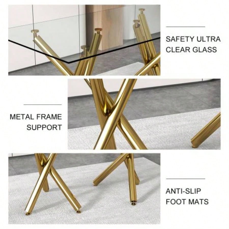 Large Modern Minimalist Rectangular Glass Dining Table 6 - 8 with 0.39Tempered Glass Tabletop and Golden Metal, Kitchen Dining Living Meeting Room Banquet hall, 71x 35.4x 30W1151S00798