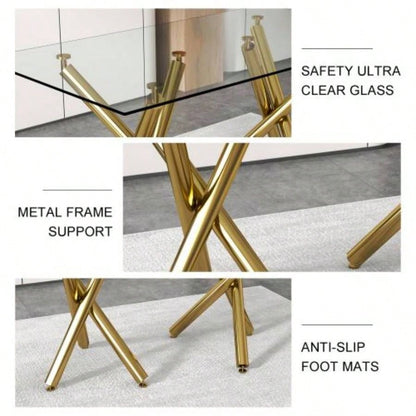 Large Modern Minimalist Rectangular Glass Dining Table 6 - 8 with 0.39Tempered Glass Tabletop and Golden Metal, Kitchen Dining Living Meeting Room Banquet hall, 71x 35.4x 30W1151S00798