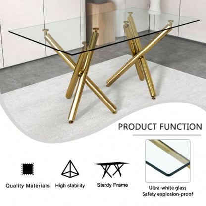 Large Modern Minimalist Rectangular Glass Dining Table 6 - 8 with 0.39Tempered Glass Tabletop and Golden Metal, Kitchen Dining Living Meeting Room Banquet hall, 71x 35.4x 30W1151S00798