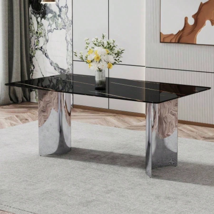 Modern minimalist dining table. black imitation marble glass desktop is equipped with silver metal. Suitable restaurants and living rooms 71 * 39.3 * 29.5 DT - 69