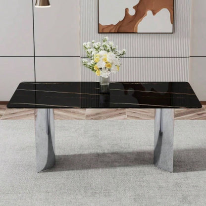 Modern minimalist dining table. black imitation marble glass desktop is equipped with silver metal. Suitable restaurants and living rooms 71 * 39.3 * 29.5 DT - 69