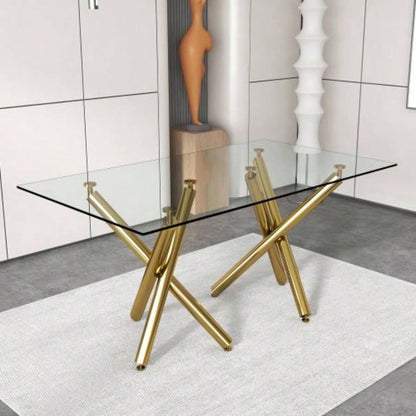 Large Modern Minimalist Rectangular Glass Dining Table 6 - 8 with 0.39Tempered Glass Tabletop and Golden Metal, Kitchen Dining Living Meeting Room Banquet hall, 71x 35.4x 30W1151S00798