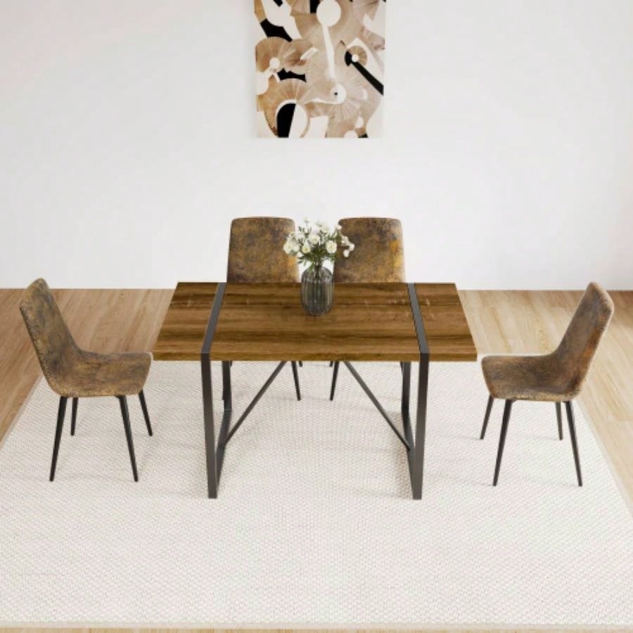 55 Dining Table modern rustic Industrial Rectangular MDF Walnut color 4 - 6 Person, With 1.5 Thick Engineered Wood Tabletop and Black Metal, writing DeskKitchen terrace Dining Living Room