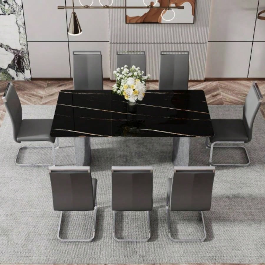 Modern minimalist dining table. black imitation marble glass desktop is equipped with silver metal. Suitable restaurants and living rooms 71 * 39.3 * 29.5 DT - 69