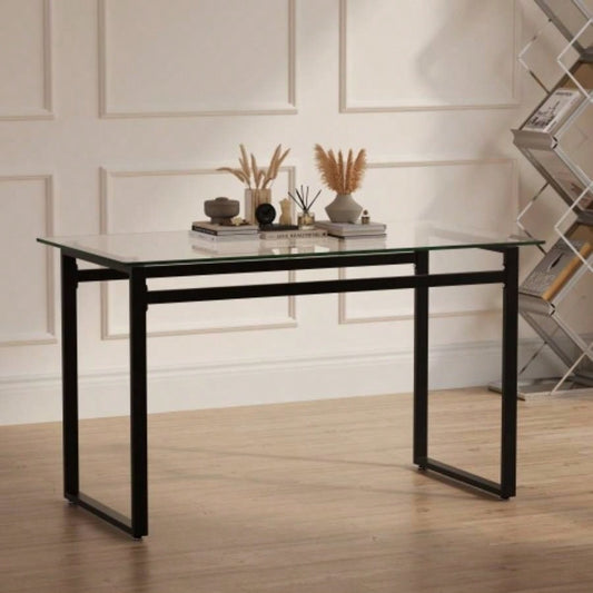 51 Modern Minimalist Rectangular Glass Dining Table 4 - 6 with 0.31 Tempered Glass Tabletop and Black Metal, Writing Table Desk, Kitchen Dining Living Room 0 damage