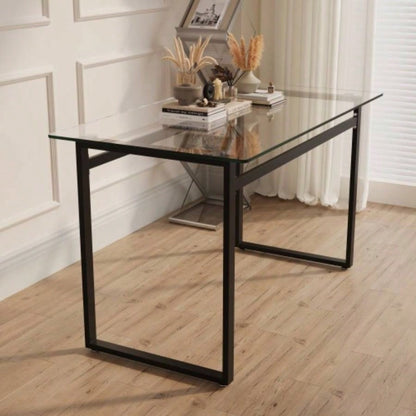 51 Modern Minimalist Rectangular Glass Dining Table 4 - 6 with 0.31 Tempered Glass Tabletop and Black Metal, Writing Table Desk, Kitchen Dining Living Room 0 damage