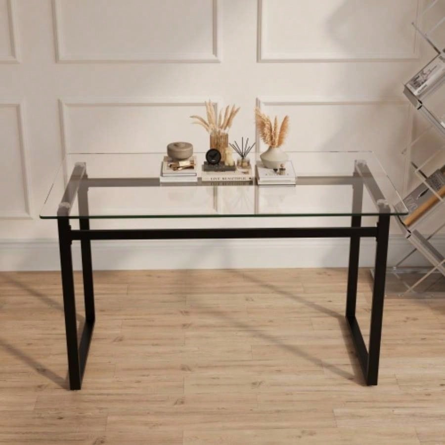 51 Modern Minimalist Rectangular Glass Dining Table 4 - 6 with 0.31 Tempered Glass Tabletop and Black Metal, Writing Table Desk, Kitchen Dining Living Room 0 damage